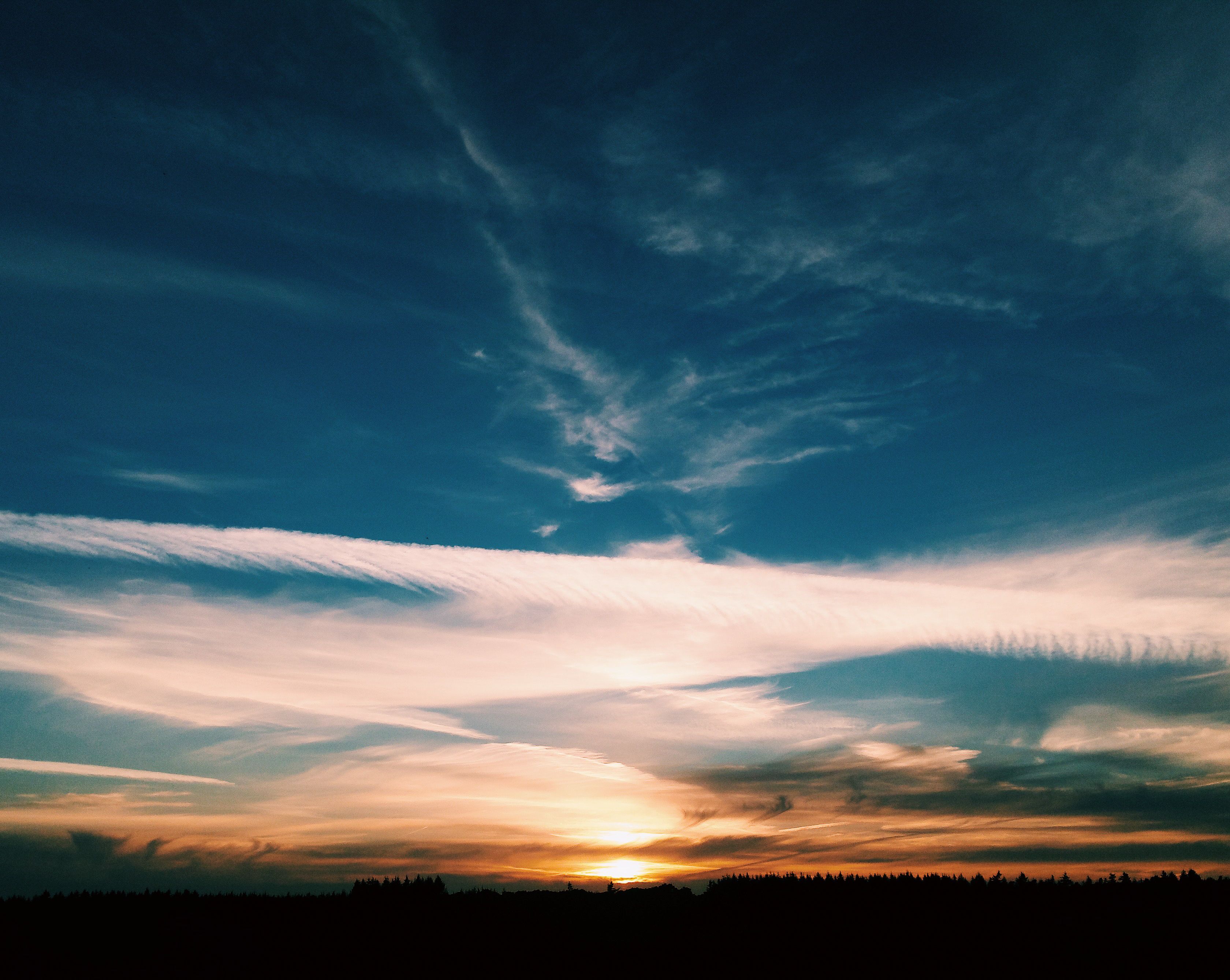 Deep blue sky above a warm sunset and distant forest